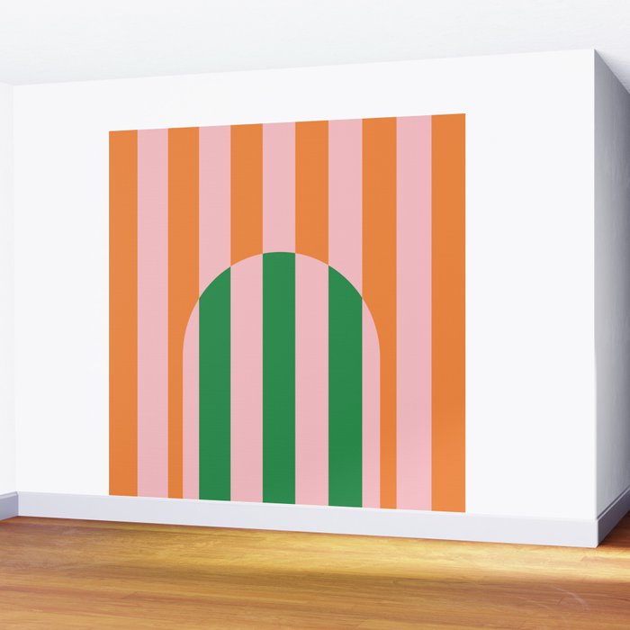 Striped Archway Bold Color Block Pattern in Pink, Green, and Orange Wall Mural Gallery Image 2