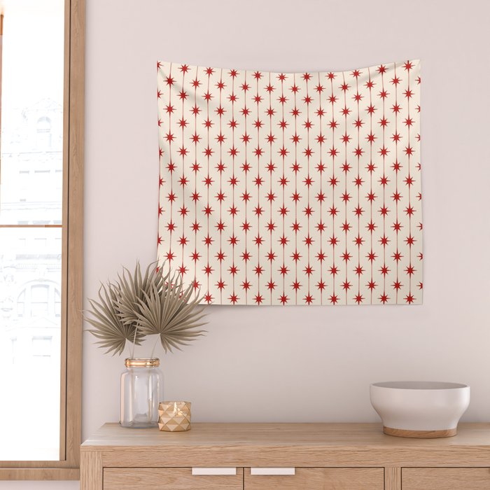 Midcentury Stars and Dots Red and Cream Pattern Wall Tapestry Gallery Image 2