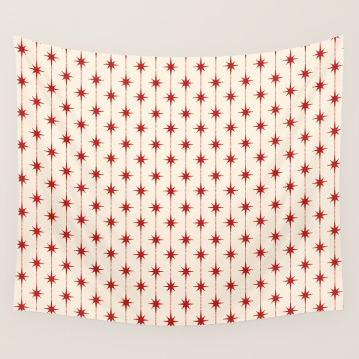 Midcentury Stars and Dots Red and Cream Pattern Wall Tapestry Gallery Image 1