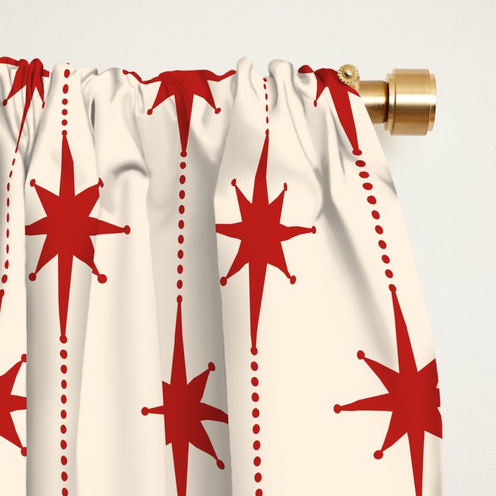 Midcentury Stars and Dots Red and Cream Pattern Window Curtain Gallery Image 2
