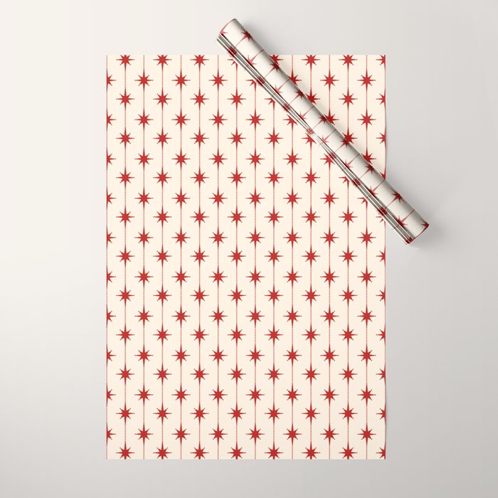 Midcentury Stars and Dots Red and Cream Pattern Wrapping Paper Gallery Image 1