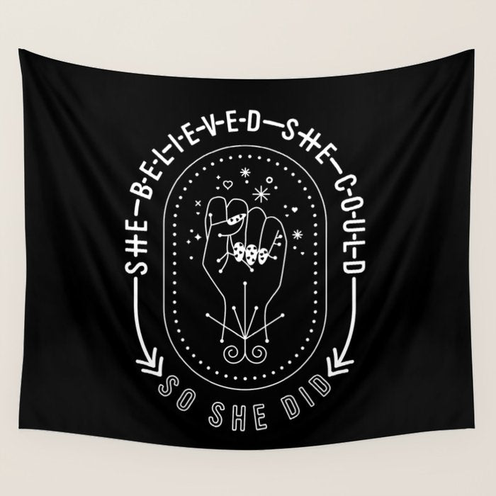 She Believed She Could So She Did - White Ink on Black Wall Tapestry Gallery Image 4