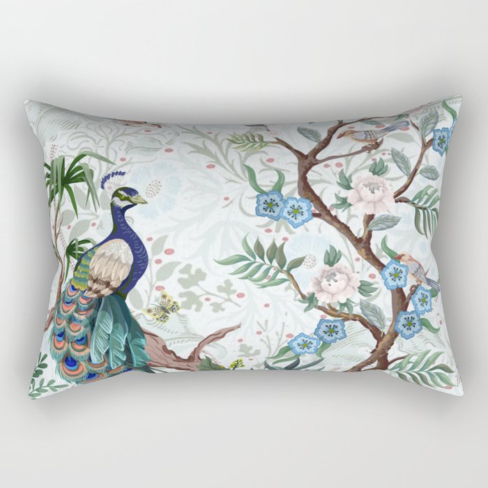 Chinoiserie Aqua Peacock Floral & William Morris Art Rectangular Pillow Gallery Image 2