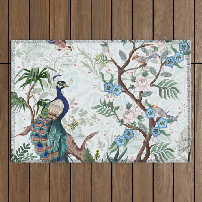 Chinoiserie Aqua Peacock Floral & William Morris Art Outdoor Rug Gallery Image 1