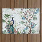 Chinoiserie Aqua Peacock Floral & William Morris Art Outdoor Rug Gallery Image 1