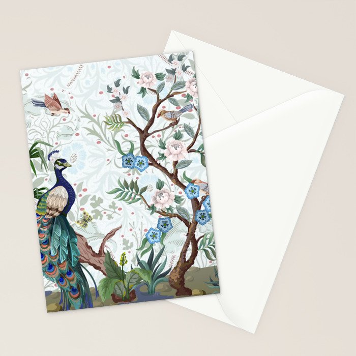 Chinoiserie Aqua Peacock Floral & William Morris Art Stationery Card Gallery Image 2