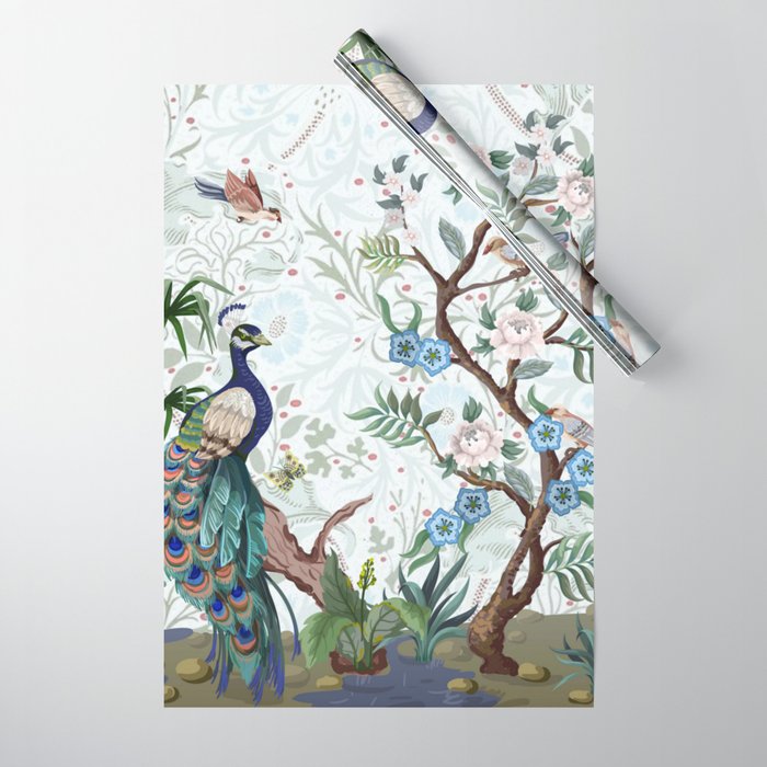 Chinoiserie Aqua Peacock Floral & William Morris Art Wrapping Paper Gallery Image 1
