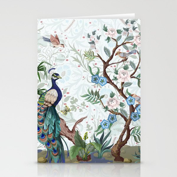 Chinoiserie Aqua Peacock Floral & William Morris Art Stationery Card Gallery Image 2