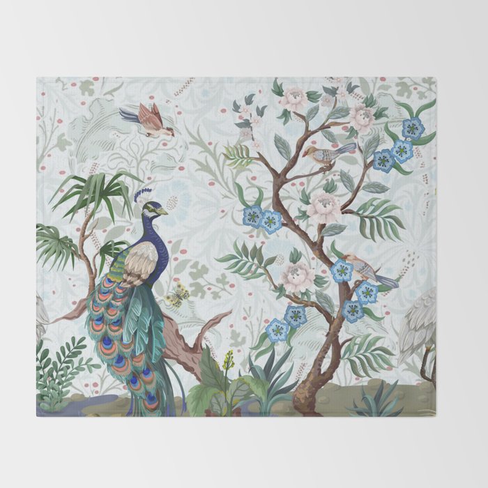 Chinoiserie Aqua Peacock Floral & William Morris Art Throw Blanket Gallery Image 2