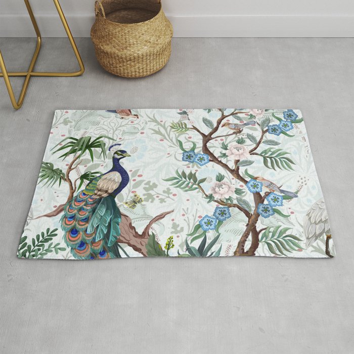 Chinoiserie Aqua Peacock Floral & William Morris Art Rug Gallery Image 1