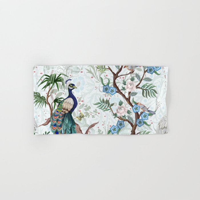 Chinoiserie Aqua Peacock Floral & William Morris Art Bath Towel Gallery Image 1