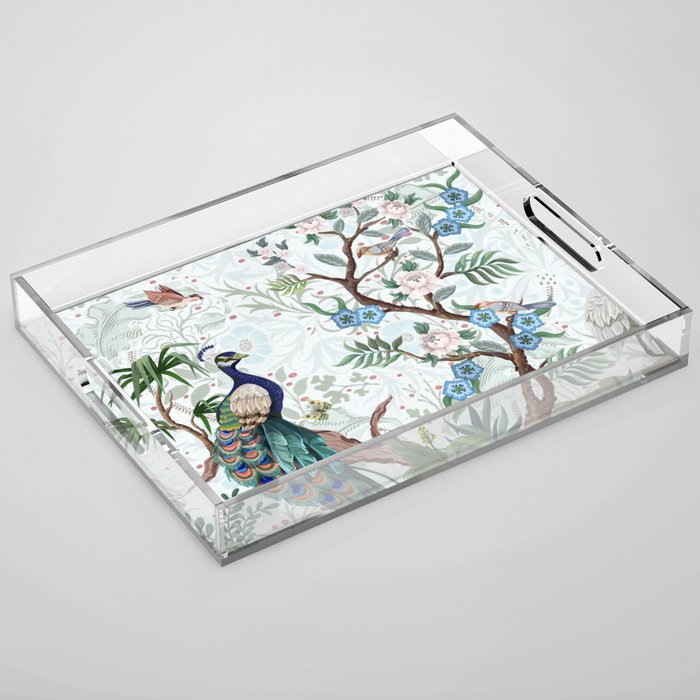 Chinoiserie Aqua Peacock Floral & William Morris Art Acrylic Tray Gallery Image 1