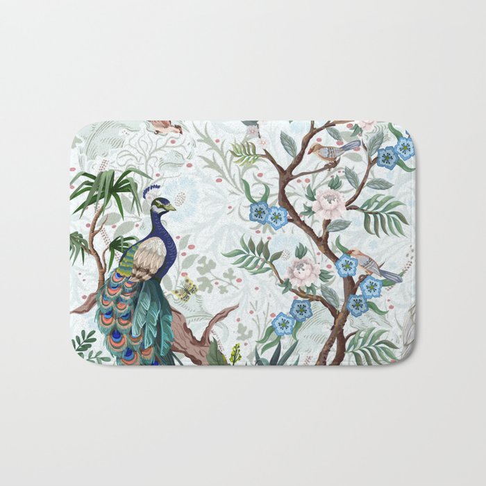 Chinoiserie Aqua Peacock Floral & William Morris Art Bath Mat Gallery Image 1