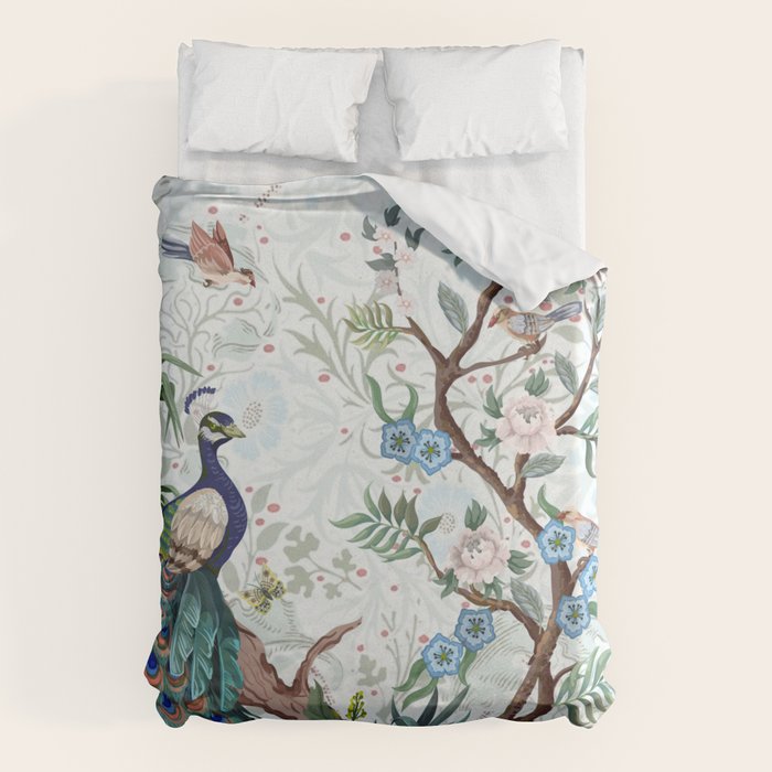 Chinoiserie Aqua Peacock Floral & William Morris Art Duvet Cover Gallery Image 6
