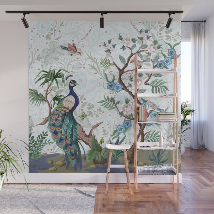 Chinoiserie Aqua Peacock Floral & William Morris Art Wall Mural Gallery Image 1