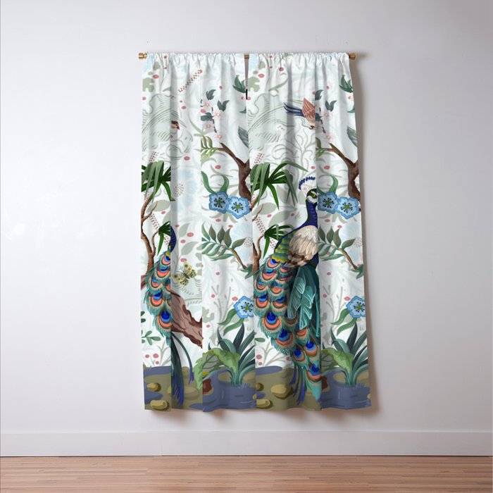 Chinoiserie Aqua Peacock Floral & William Morris Art Window Curtain Gallery Image 3