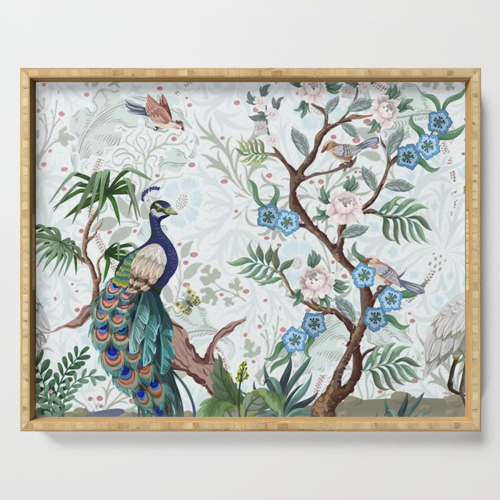 Chinoiserie Aqua Peacock Floral & William Morris Art Serving Tray Gallery Image 1