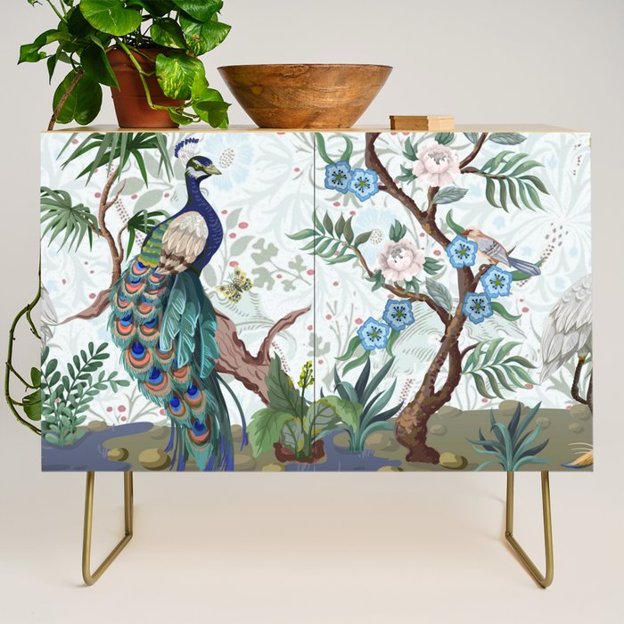 Chinoiserie Aqua Peacock Floral & William Morris Art Credenza Gallery Image 1