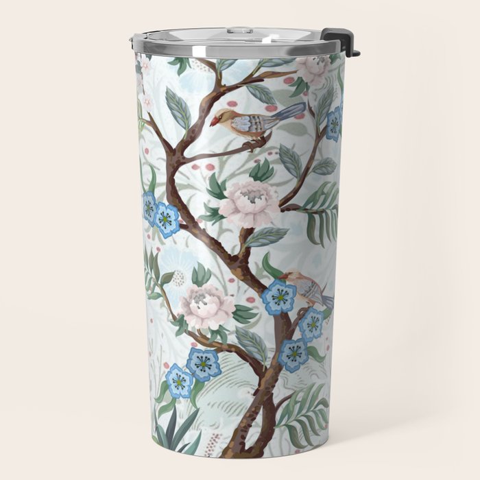 Chinoiserie Aqua Peacock Floral & William Morris Art Travel Mug Gallery Image 2