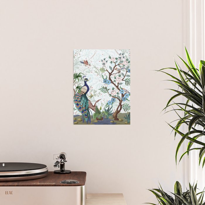 Chinoiserie Aqua Peacock Floral & William Morris Art Poster Gallery Image 2