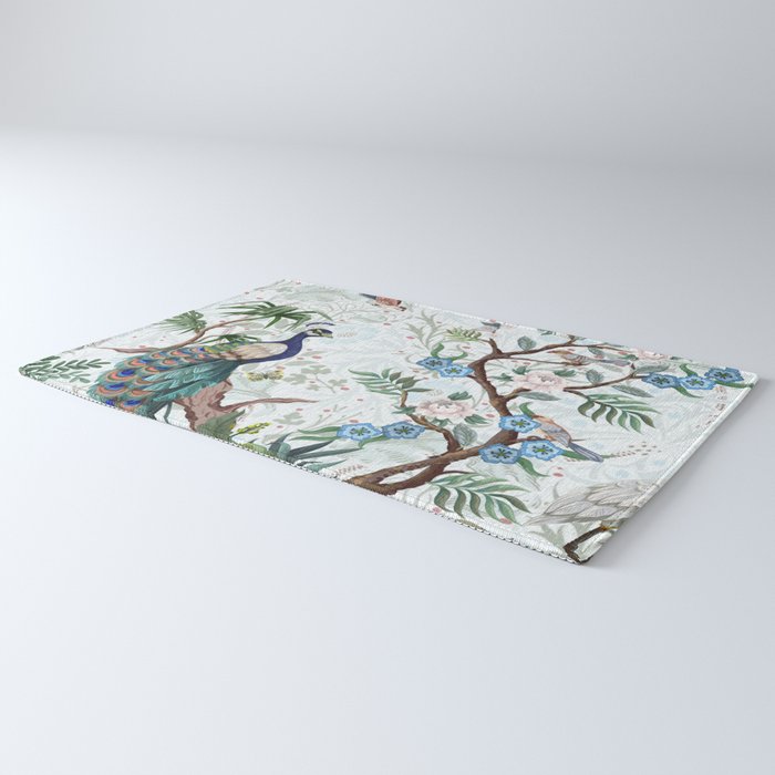 Chinoiserie Aqua Peacock Floral & William Morris Art Rug Gallery Image 3