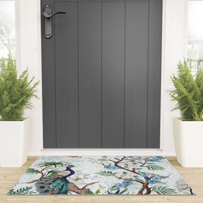 Chinoiserie Aqua Peacock Floral & William Morris Art Welcome Mat Gallery Image 3