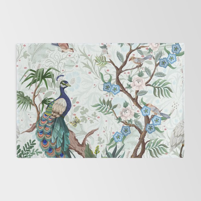 Chinoiserie Aqua Peacock Floral & William Morris Art Rug Gallery Image 2
