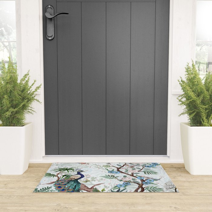 Chinoiserie Aqua Peacock Floral & William Morris Art Welcome Mat Gallery Image 3