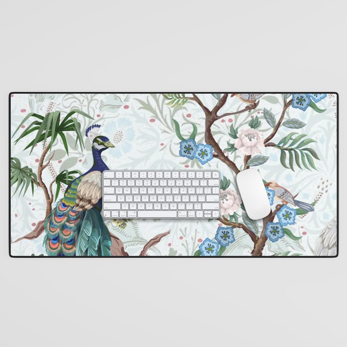 Chinoiserie Aqua Peacock Floral & William Morris Art Desk Mat Gallery Image 1