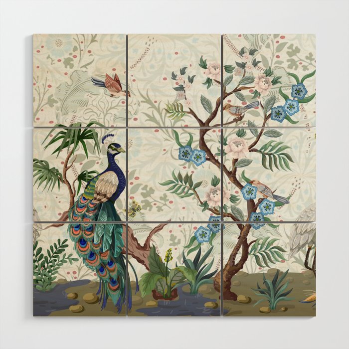 Chinoiserie Aqua Peacock Floral & William Morris Art Wood Wall Art Gallery Image 1