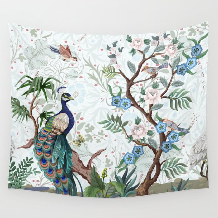 Chinoiserie Aqua Peacock Floral & William Morris Art Wall Tapestry Gallery Image 4