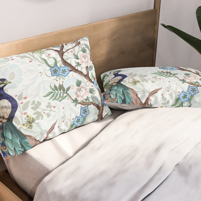 Chinoiserie Aqua Peacock Floral & William Morris Art Pillow Sham Gallery Image 2
