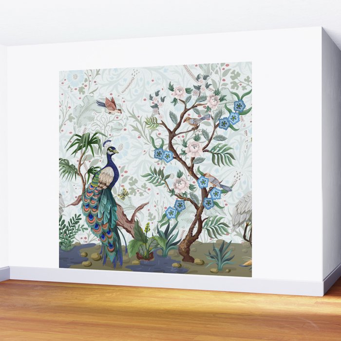 Chinoiserie Aqua Peacock Floral & William Morris Art Wall Mural Gallery Image 2