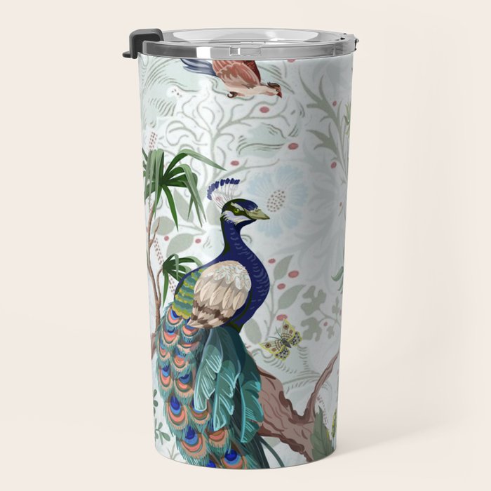 Chinoiserie Aqua Peacock Floral & William Morris Art Travel Mug Gallery Image 3