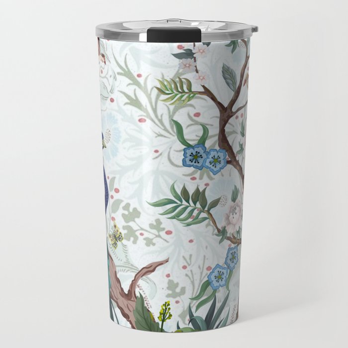 Chinoiserie Aqua Peacock Floral & William Morris Art Travel Mug Gallery Image 1