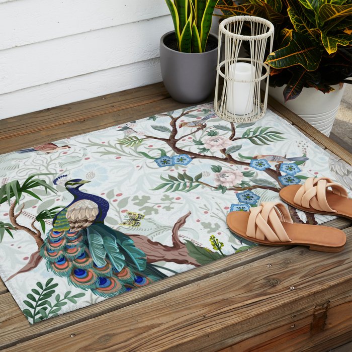 Chinoiserie Aqua Peacock Floral & William Morris Art Outdoor Rug Gallery Image 2