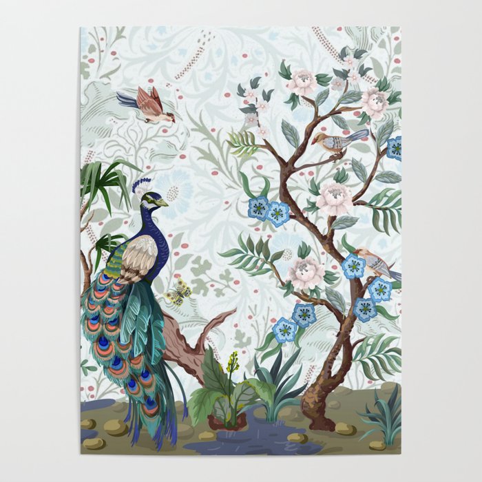 Chinoiserie Aqua Peacock Floral & William Morris Art Poster Gallery Image 4