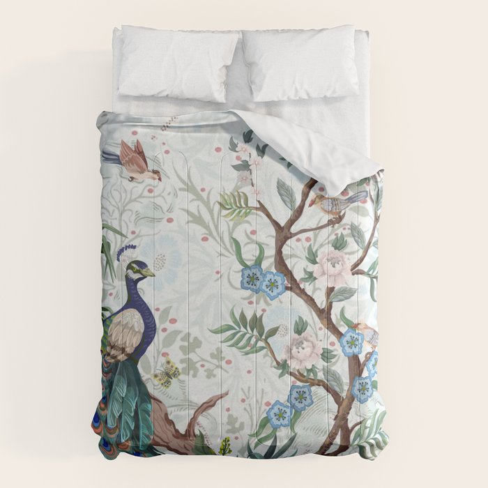 Chinoiserie Aqua Peacock Floral & William Morris Art Comforter Gallery Image 1