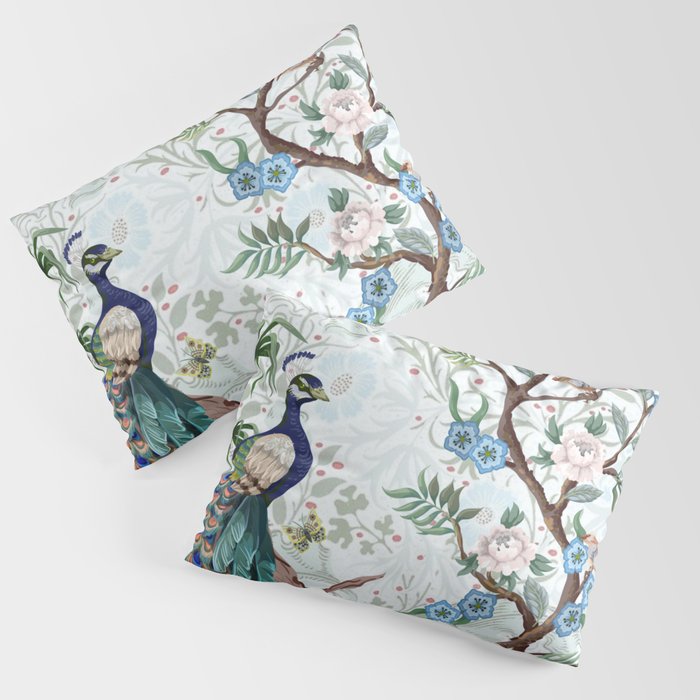 Chinoiserie Aqua Peacock Floral & William Morris Art Pillow Sham Gallery Image 1