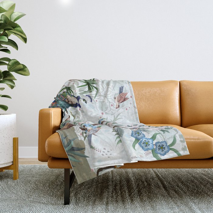 Chinoiserie Aqua Peacock Floral & William Morris Art Throw Blanket Gallery Image 1