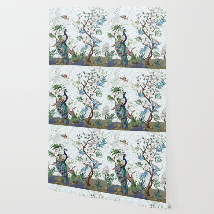 Chinoiserie Aqua Peacock Floral & William Morris Art Wallpaper Gallery Image 2