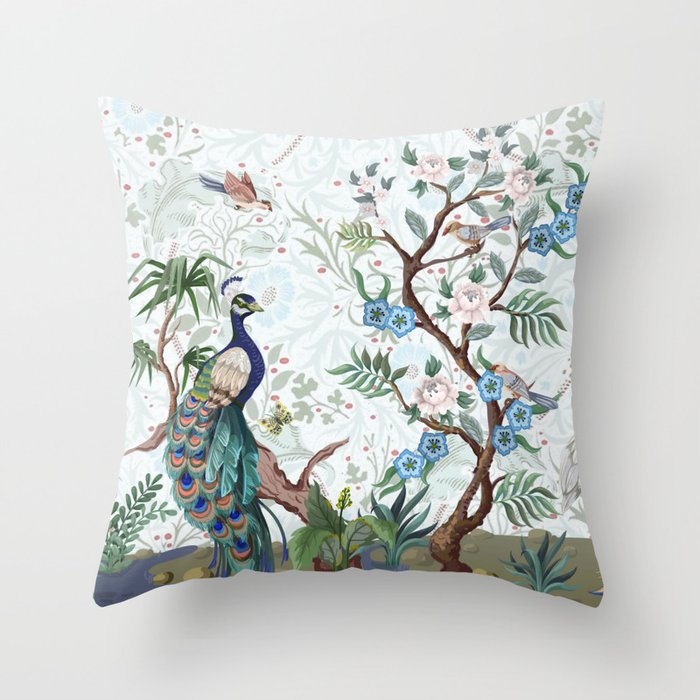 Chinoiserie Aqua Peacock Floral & William Morris Art Throw Pillow Gallery Image 1
