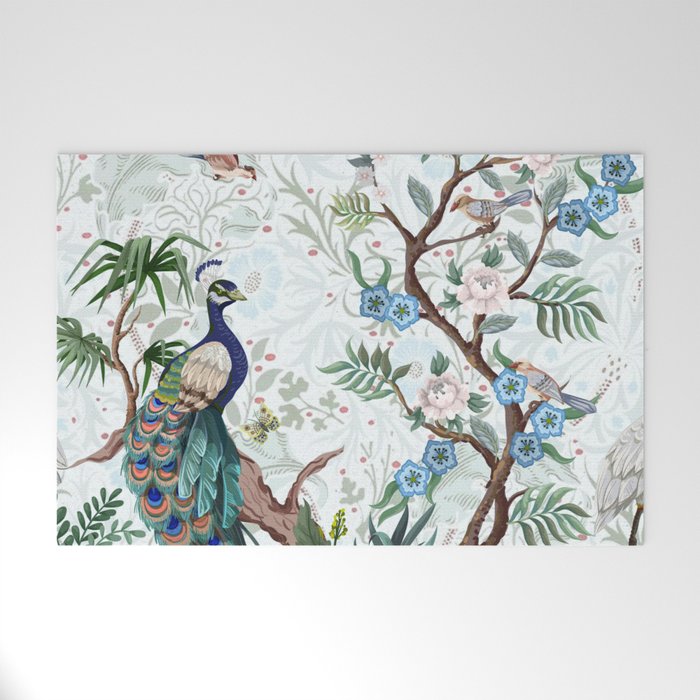 Chinoiserie Aqua Peacock Floral & William Morris Art Welcome Mat Gallery Image 1