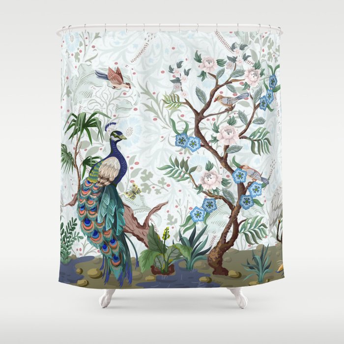 Chinoiserie Aqua Peacock Floral & William Morris Art Shower Curtain Gallery Image 1