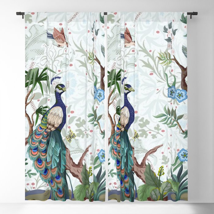 Chinoiserie Aqua Peacock Floral & William Morris Art Window Curtain Gallery Image 1