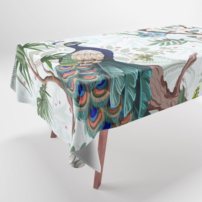 Chinoiserie Aqua Peacock Floral & William Morris Art Tablecloth Gallery Image 1