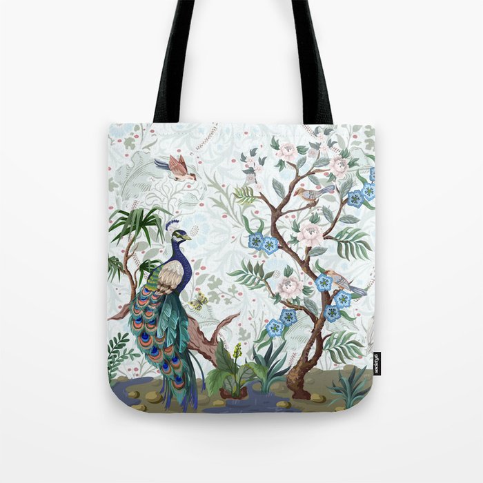 Chinoiserie Aqua Peacock Floral & William Morris Art Tote Bag Gallery Image 1