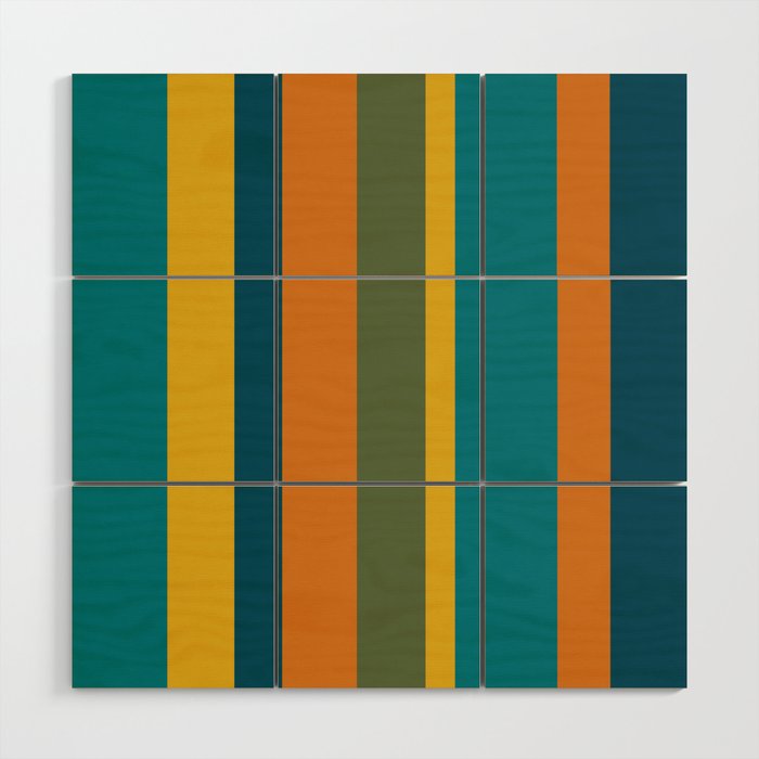 Vertical Stripe Pattern in Moroccan Teal Blue Orange Green Mustard Wood Wall Art Gallery Image 1