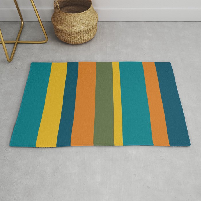 Vertical Stripe Pattern in Moroccan Teal Blue Orange Green Mustard Rug Gallery Image 1