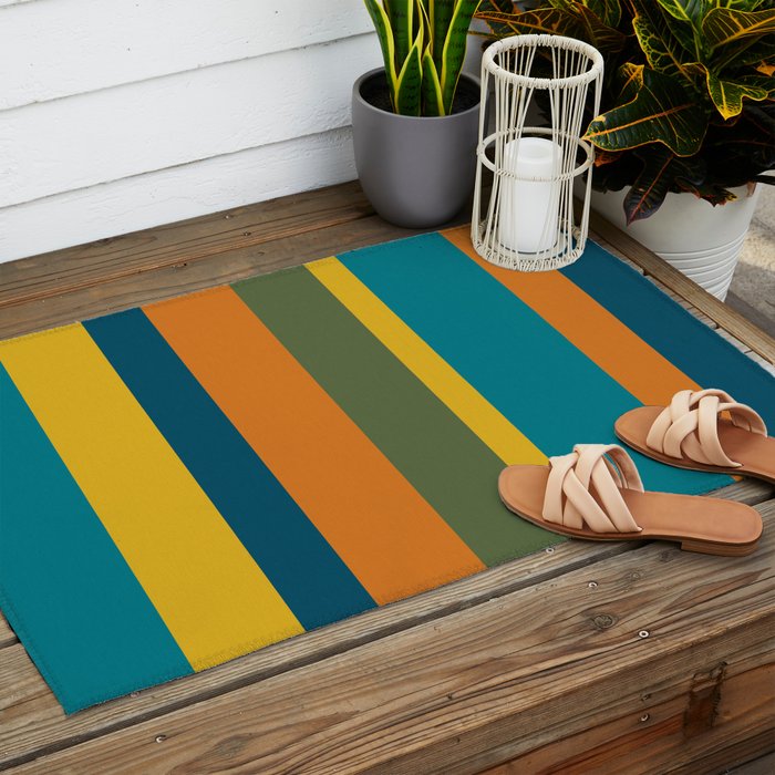 Vertical Stripe Pattern in Moroccan Teal Blue Orange Green Mustard Outdoor Rug Gallery Image 2